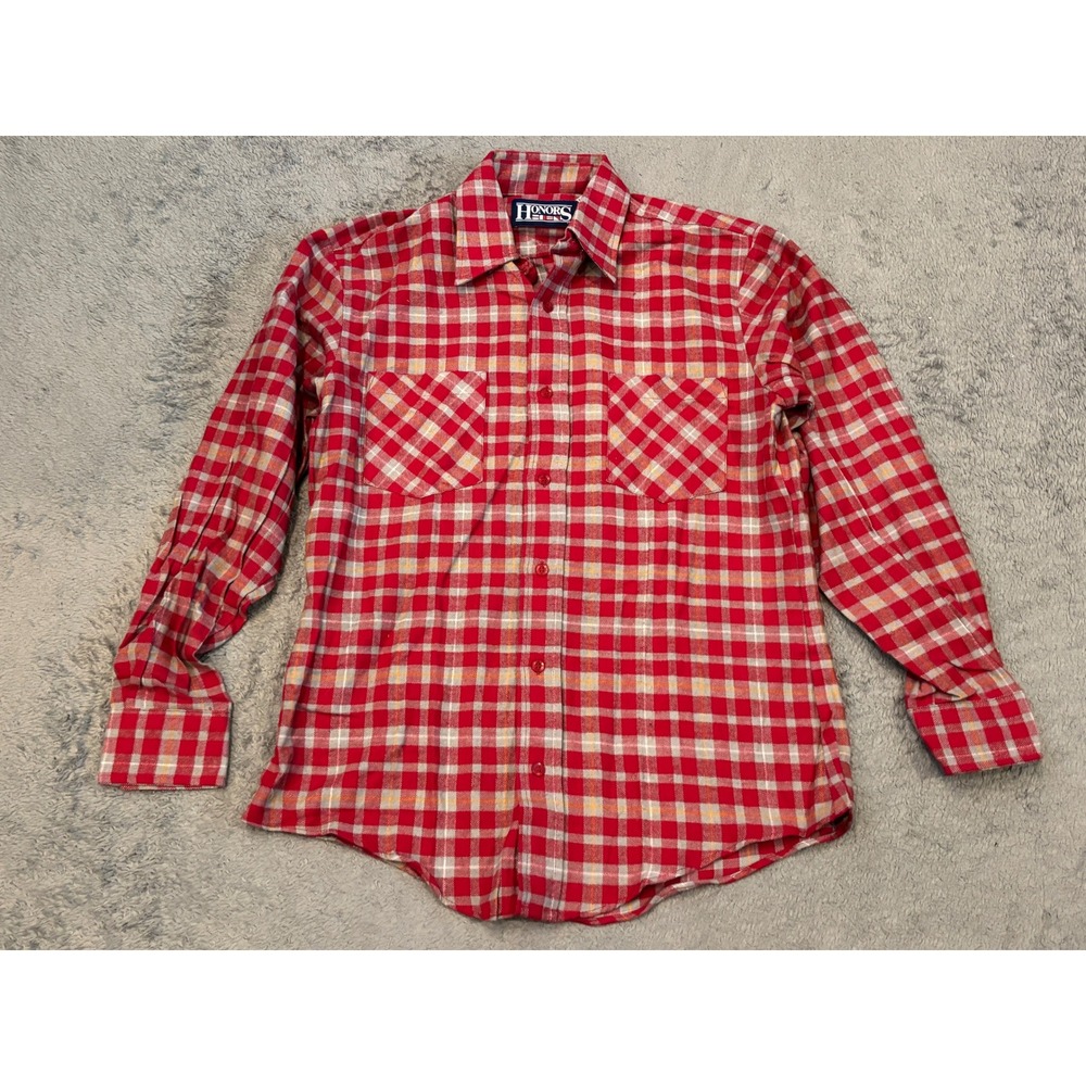 Honors Vintage Mens Red Grey Plaid Flannel Shirt Cotton Long Sleeve Small